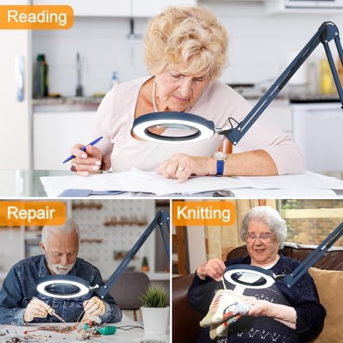 12X Large Magnifying Glass with Light and Clamp, Real Glass, 5 Color Modes, Stepless Dimmable, 2 x 16 Inch Adjustable Swing Arm Stand Desk Lamp, LED Lighted Magnifier Hands Free for Close Work - Blue
