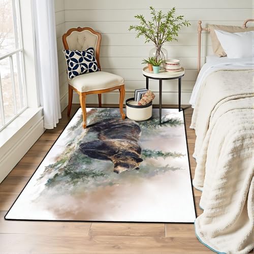 Peaceful Bear by Pine Trees Sunlit Moss Warm Tones Area Rug Outdoor Patio Rug Play Mat Modern Floor Carpet Non-Slip Home Decor Living Room Kids Bedroom Nursery, 3x5 ft