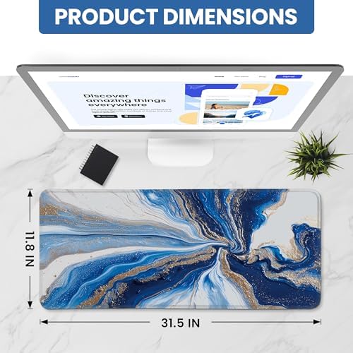 Aesthetic Desk Mat, Cute Ocean Marble Desk Pad Protector for Work & Decor, 31.5" x 11.8", Pretty Non-Slip Extended Mouse Pad for Office or Home