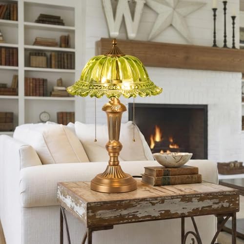 HDDFL Glass Shade Table Lamp Vintage Metal Desk Lamp 2 Lights Table Light with Plug Switch for Bedroom Living Room Home Office Brass and Green