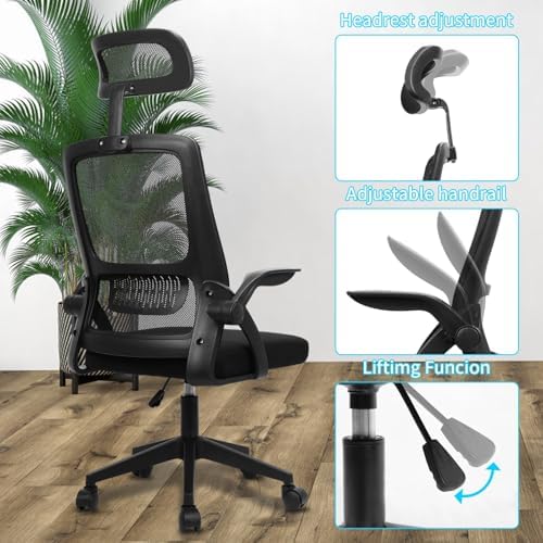 Ergonomic Office Chair,PC Gaming Chair Height Adjustable Mesh Swivel Computer Chair Desk Office Chair with Headrest Headrest Space Saving Executive Office Rolling Chair for Long Sitting Black