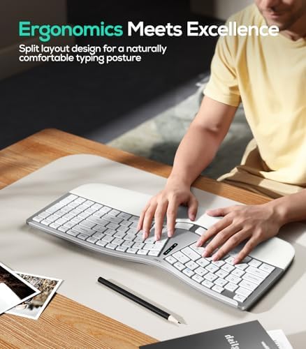 Nulea RT07B Wireless Ergonomic Keyboard - Split Keyboard, Wrist Rest, Natural Typing, Bluetooth and USB Connectivity, USB-C Rechargeable,Compatible with Windows Mac (Grey White)