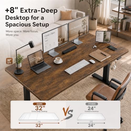 Grandder 55x32 Extra-Deep Electric Standing Desk, Wide Desktop Fits 49" Ultrawide Monitor+Dual Screens, 176 lbs Capacity, 2 Memory Presets, Computer Desk for Home Office & Gaming, Rustic Brown