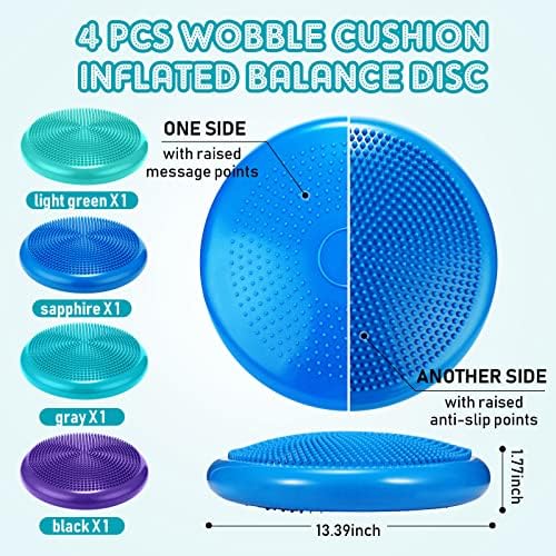 Sotiff 4 Pcs Inflated Wobble Cushion Wiggle Seat for Sensory Kids Flexible Seat for Classroom Wobble Disc with Inflation Pump Stability Balance Board for Adult Physical Therapy Exercise