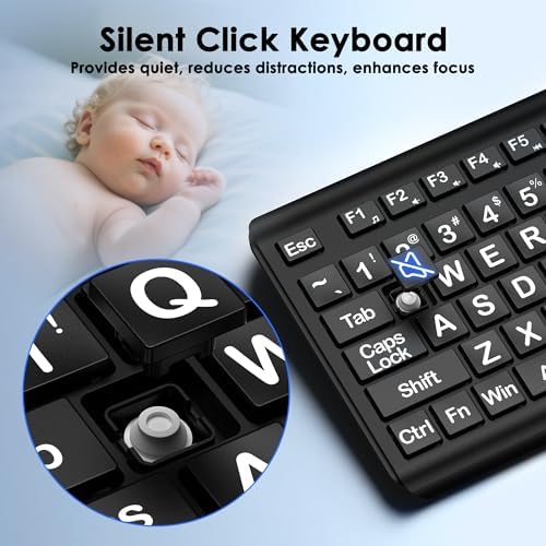 EDJO Large Print Computer Keyboard, Wired USB Full Size Quiet Keyboard with 4X Oversized Print Letters for Visually Impaired Low Vision Individuals Easy to See and Type for PC, Laptop,Windows