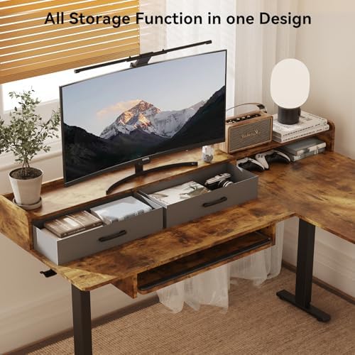 WALKINGDESK 63 Inches L Shaped Standing Desk with Keyboard Tray and 2 Drawers, L Shaped Electric Standing Desk, Adjustable L Shaped Office Desk,Corner Standing Desk for Home Office, Rustic Brown