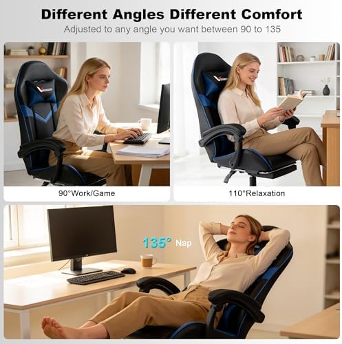 Gaming Chair for Adults, Ergonomic Computer Gaming Chair with Footrest & Lumbar Support, Height Adjustable 360° Swivel Reclining Home Office Desk Chair(Black & Blue)