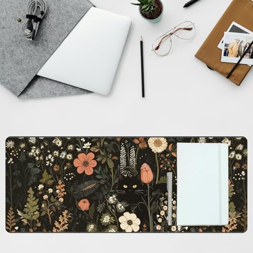 Black Cat Floral Desk Mat Large Mouse Pad for Keyboard and Mouse