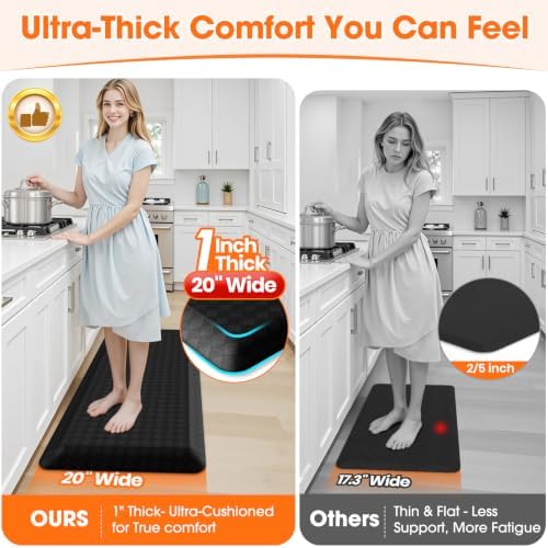 1" Thick Kitchen Mats for Floor, Water Resistant Floor Rug,Black/48" x 20"