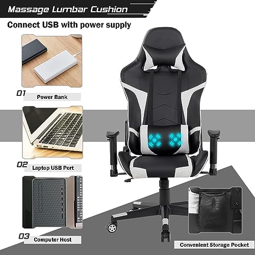 DORTALA Ergonomic Gaming Chair, High-Back Racing Chair w/Massage Lumbar Support, Extra Power Bank Pocket, 360° Swivel, Adjustable Backrest & Armrest, for Office, Game Room (White)