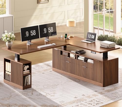 SEDETA Fluted L Shaped Executive Electric Standing Desk with 4 Drawers