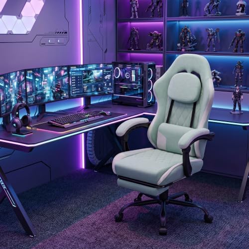Gaming Chair for Adults, Fabric Gaming Chair with Footrest and Pocket Spring Cushion, Ergonomic Gamer Chair with Lumbar Support, Reclining Computer Gaming Chair with High Back, Light Green