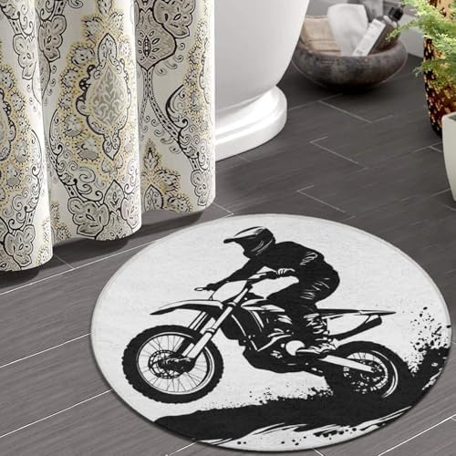Women's Large Home Decor Mat, Soft Round Yoga Carpet, Non Slip Machine Washable Home Office Circle Rug Motocross Racer Extreme Sports Printed Dirt Bike