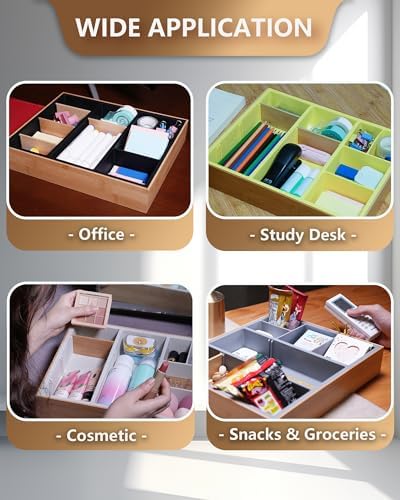 Office Drawer Organizer, Bamboo Desk Drawer Organizer with 4 Removable Dividers, Desk Organizers and Accessories with 10 Adjustable Compartments for Office Home Gray