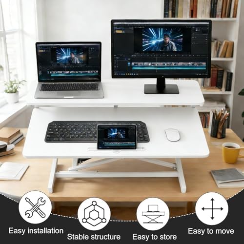 Stand Up Desk Riser, 37-Inch, Adjustable Height Stand Up Desk Converter Double Monitor and Laptop Riser Workstation for Workstation Computer Table Sitting, White
