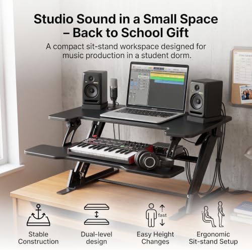 Sit and Standing Desk Converter 36x24 inches w/Dual Monitor Arms Mount - Height Adjustable Music Production Studio Workstation for Home Office