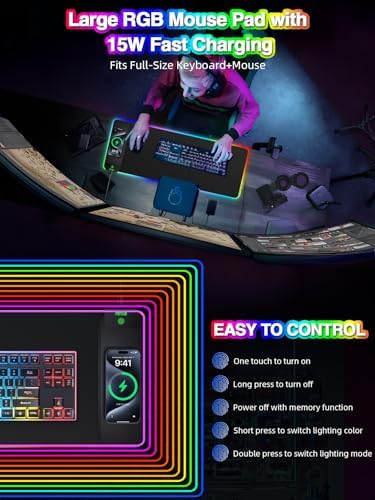 Magnetic Charging Mouse Pad, 31.5x11.81 Inch XL Gaming Mousepad, 11+5 RGB Lighting Modes, Home Office Large Desk Pad with Ultra-Smooth Surface, Non-Slip, Waterproof Keyboard Pad Classic Black Desk Mat