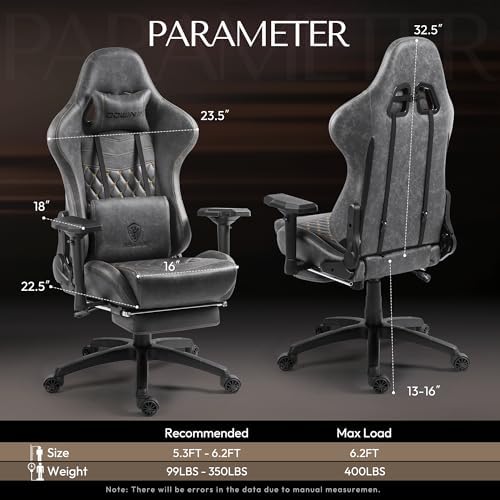 Dowinx Big and Tall Gaming Chair 400LBS, Ergonomic Computer Chair with Massage Lumbar Support & Footrest, High Back Comfortable Office & Gaming Chair with 4D Armrests, PU Leather, Grey