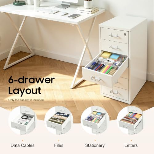 6 Drawer File Cabinet with Lock, Freestanding Filing Metal Drawers Organizer Vertical Metal Rolling Organizer Movable Under Desk Cabinet with Wheels for Home Office Living Room Study (6 Tiers White)