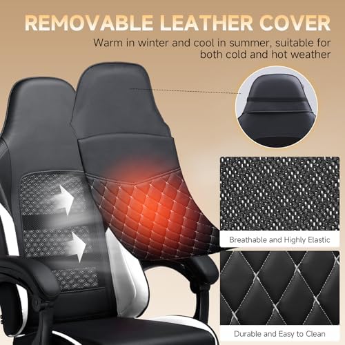 GTPLAYER Gaming Chair, High Back Leather Computer Gaming Chair with Footrest, Ergonomic Height Adjustable Office Chair with Removable Cover and Lumbar Support for Gaming & Work,White