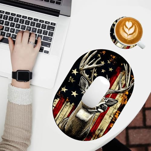 Small Mouse pad, Portable, Waterproof Non-Slip Rubber Bottom, Suitable for Wireless Mouse, Laptop Keyboard Tray for Both Men and Women, Office Travel 7.1x10.6in，Deer with American Flag