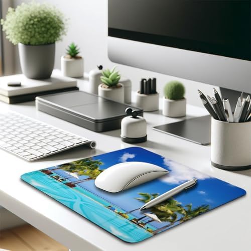 Tropical Beach Swimming Pool Mouse Pad, Coastal Scenery Sunbeds Desk Mat