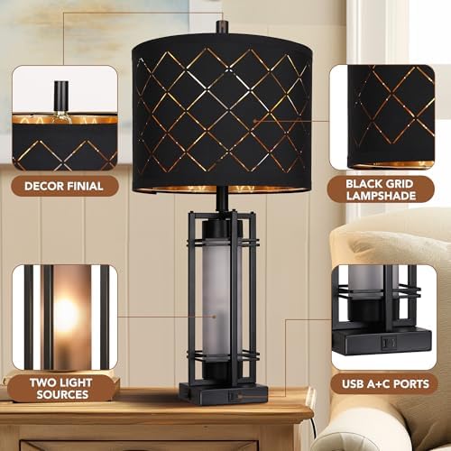WIHTU 27'' Modern Table Lamp Set of 2 with Nightlight, Metal Bedside Lamps