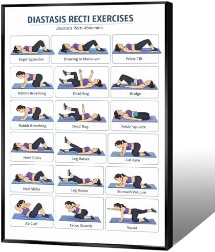 Diastasis Recti Repair Exercise Poster, 18 Illustrated Postpartum Abdomen Healing Moves Chart, Bodyweight Postnatal Core & Pelvic Floor Training Guide for Diastasis Recti Abdominis Recovery Workout(8x12inchs，Black Framed)