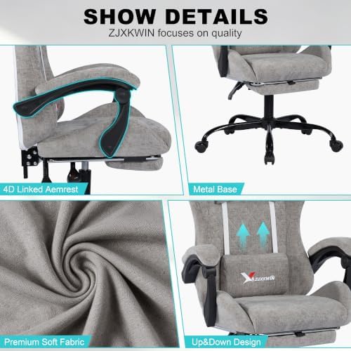 Fabric Gaming Chair for Adults, Ergonomic Computer Office Desk Chair with Footrest,Pocket Spring Cushion, Reclining High Back Silla Gamer for Home Office, Light Grey