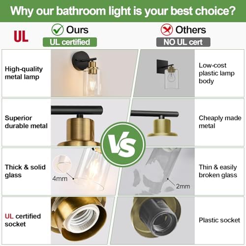 Zarbitta Set of 2 Wall Sconces for Bathroom, Black and Gold Modern Vanity Lights with Clear Glass Shade,Bathroom Wall Lamp for Mirror Kitchen Living Room Hallway Cabinet Porch