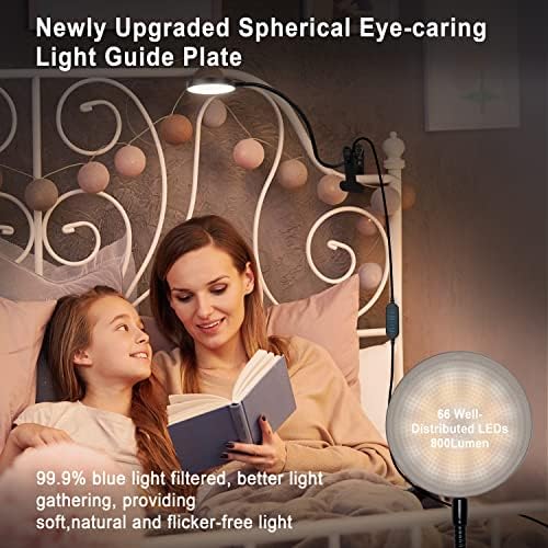 LiFMIRA Clip on Lamp, 8W 66 LED Bed Light for Reading, 5 Color Modes, 10 Brightness Levels, Eye Care, Flexible Gooseneck, Metal Clamp, USB Powered, Modern Design, Black