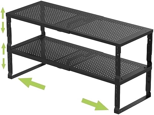 Jojocross Expandable Adjustable Stackable Kitchen Organizer, Spice Rack,Metal Pantry Storage Shelves Racks,Counter Shelf for Cabinets, Countertop, Cupboard(2 Packs/Medium/Black)