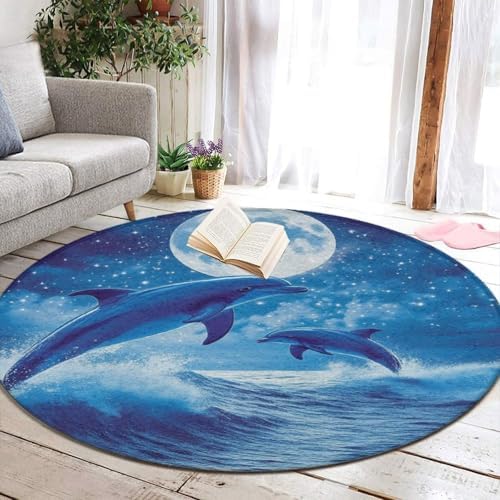 Large Round Area Rug Home Decor Modern Bathroom Rug Kitchen Office Circle Rug for Living Room Sofa Circle Cute Mat Blue Great Water of Waves Sea Full Moon Dolphin Art, 24inch