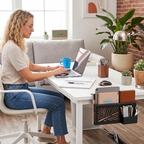 AVLA Desk Side Storage Organizer, 2 Tier No Drill Under Desk Laptop Holder, Steel Clamp On Desk Shelf With Magnetic Pen Box, Hanging Mount File Holder for Office, Fits Flat Table Edge 0.4" to 2"