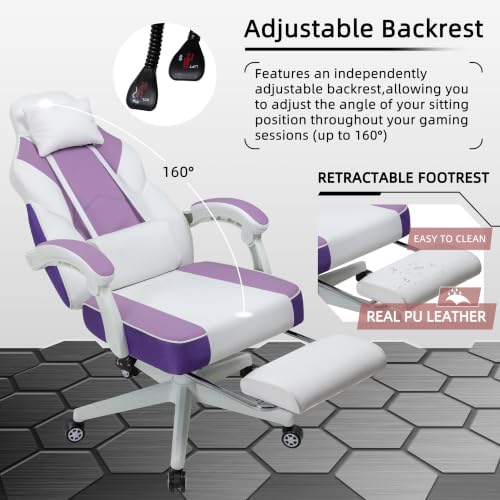 Gaming Chair Ergonomic Computer Gaming Chairs with Footrest, Massage Lumbar Support, Height Adjustment, and 360° Swivel Seat (Purple)