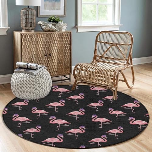 Machine Washabl Area Rug Room Sofa Yoga Soft Round Carpet, Home Decor Kitchen Office Circle Rug Pink Flamingos Lovers