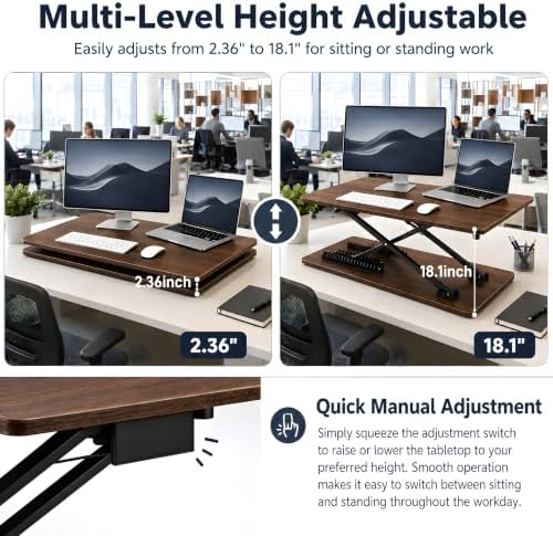 Height Adjustable Standing Desk Converter, 25.16" x 15.75", Wood Finish