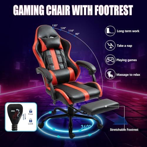 Gaming Chair with Ergonomic Footrest & Massage Lumbar Support, Red