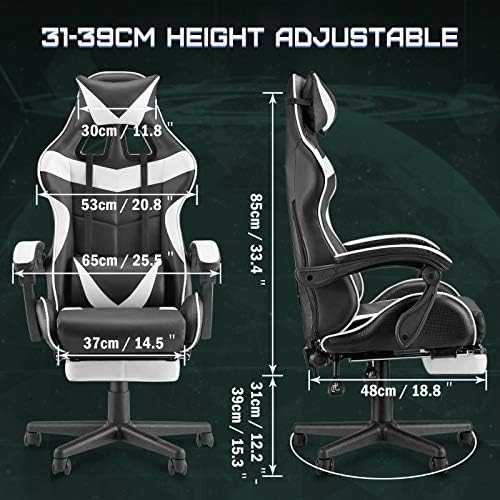 Huracan Gaming Chair with Footrest, Ergonomic Computer Chair Lumbar Support, Adjustable High Back Recliner for Adults, Racing Style Video Gaming Chairs, for Home Office Streaming, White