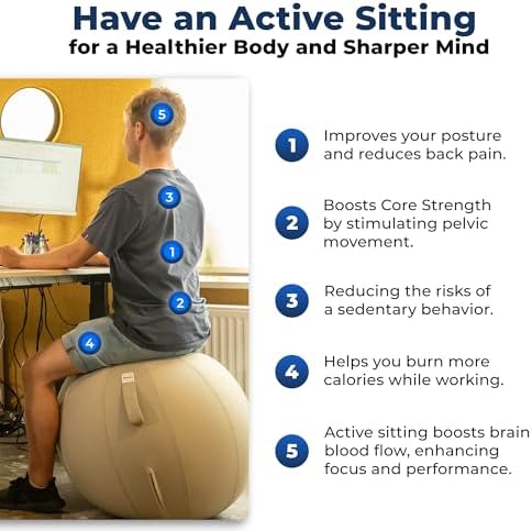 Backerz Balance Ball Chair for Office & Home - Ergonomic Exercise Ball for Posture & Back Pain Relief, Yoga Ball Chair - Sitting Ball with Washable Linen Cover