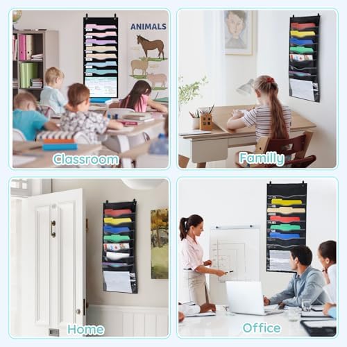 ALSLEA 8 Pockets Hanging Wall File Organizer 15" Extra Wide Pocket Chart for Classroom, Office, Home, Mail Organizer Wall Mounted with 1 Writable Clear Pocket, 5 Wall/ Door Hooks & 12 Labels (Black)