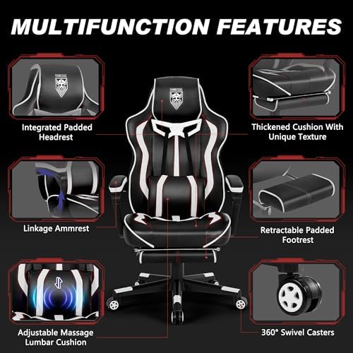 Vonesse Gaming Chair with Footrest,Reclining Computer Gaming Chair for Adults,Big and Tall Gamer Chair with Massage,Ergonomic High Back (White/Black)