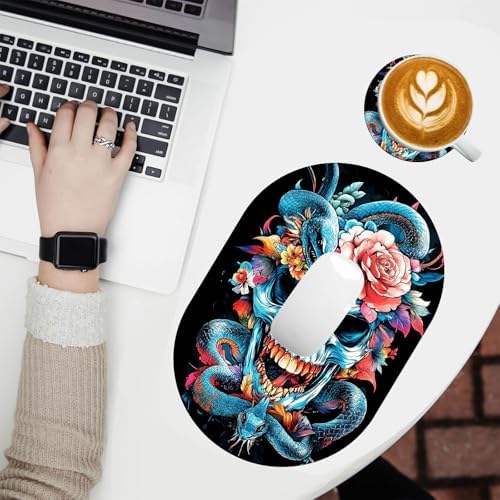 Small Mouse pad,Portable,Waterproof Non-Slip Rubber Bottom,Suitable for Wireless Mouse,Laptop Keyboard Tray for Both Men and Women,Office Travel 7.1x10.6in,Colorful Skull with Snake and Rose