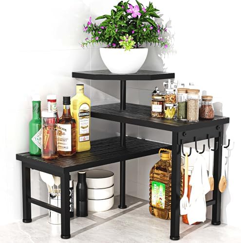 Counter Organizer Shelf, 3 Tier Moveable Black Corner Shelf Organizer with Hook, Counter Shelf for Kitchen Bathroom Spice Rack Coffee Area Over Sink Dresser Table (Black)