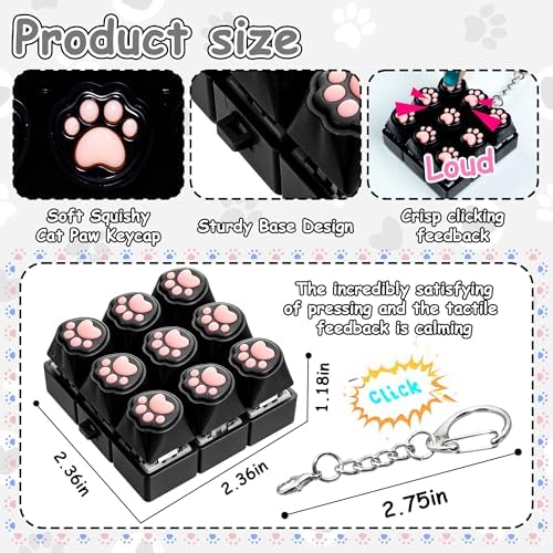 Cat Paw Keyboard Fidget Toy, Keyboard Fidget Keychain 9-in-1 Keyboard Decompression Button Finger Clicker Toys, Cute Soft Click Buttons Fidget Toy ADHD Sensory Fidget Toys Stress Relief Gifts(Black)