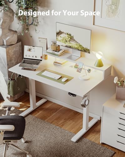 Agilestic 48 * 24 Inch Electric Standing Desk with Shelf & Led, White