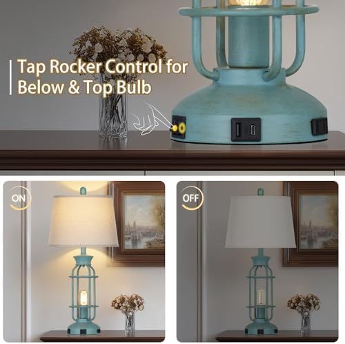 28" Tall Farmhouse Table lamps for Living Room, Vintage Industrial Table Lamp with USB C+A Ports & Outlet, Rustic Bedside Lamps with 2 Nightlight & Linen Fabric Shade for Nightstand Bedrooms Desk Blue