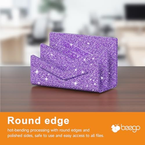 Beego Envelope and Mail Organizer Countertop - 2 Compartments Glitter Purple Acrylic Desk Organizer Letter Holder Desktop File Sorter Bill Document Folder Rack for Office, Home, School