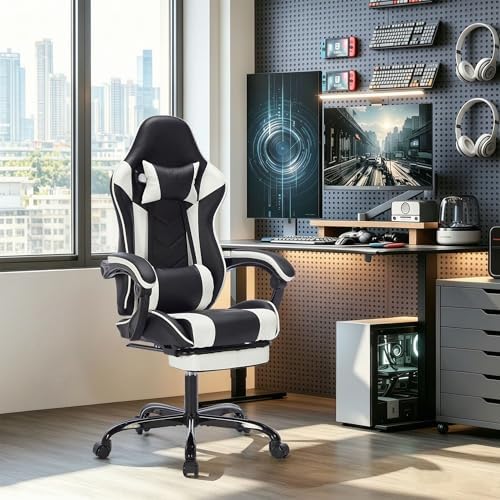 Big and Tall Gaming Chair with Footrest, Ergonomic Computer Desk Chair with Lumbar Support & Headrest, High Back PU Leather Gaming Office Chair, Reclining Swivel Task Chair for Office or Gaming