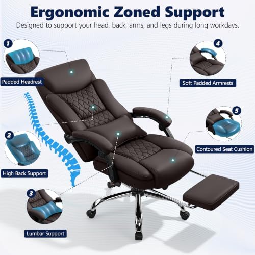 Ergonomic Executive Office Chair PU Leather High Back, 400lbs Heavy Duty Reclining Desk Chair with Footrest, Adjustable Lumbar Support, Padded Armrests, Wide Seat, Brown